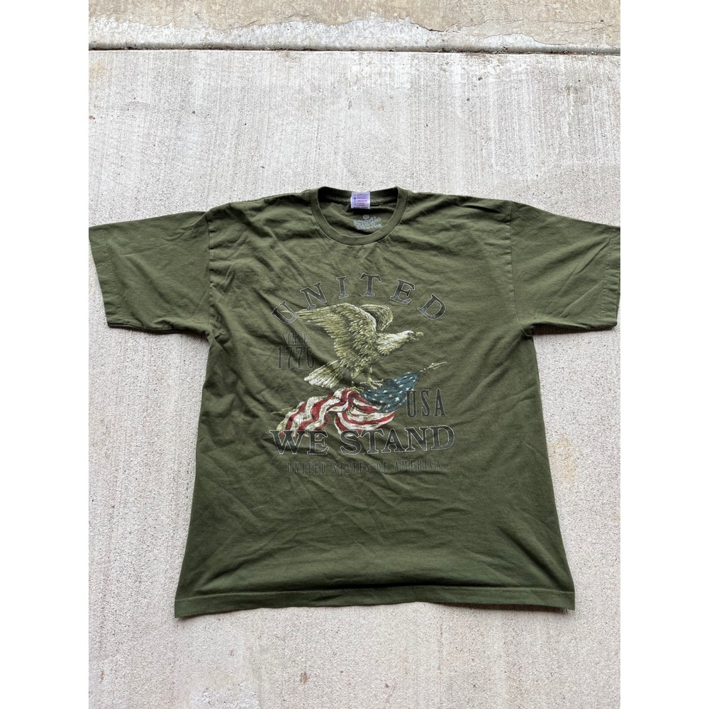 Bayside United We Stand Eagle American Flag Graphic Tee Olive Green XL USA Made